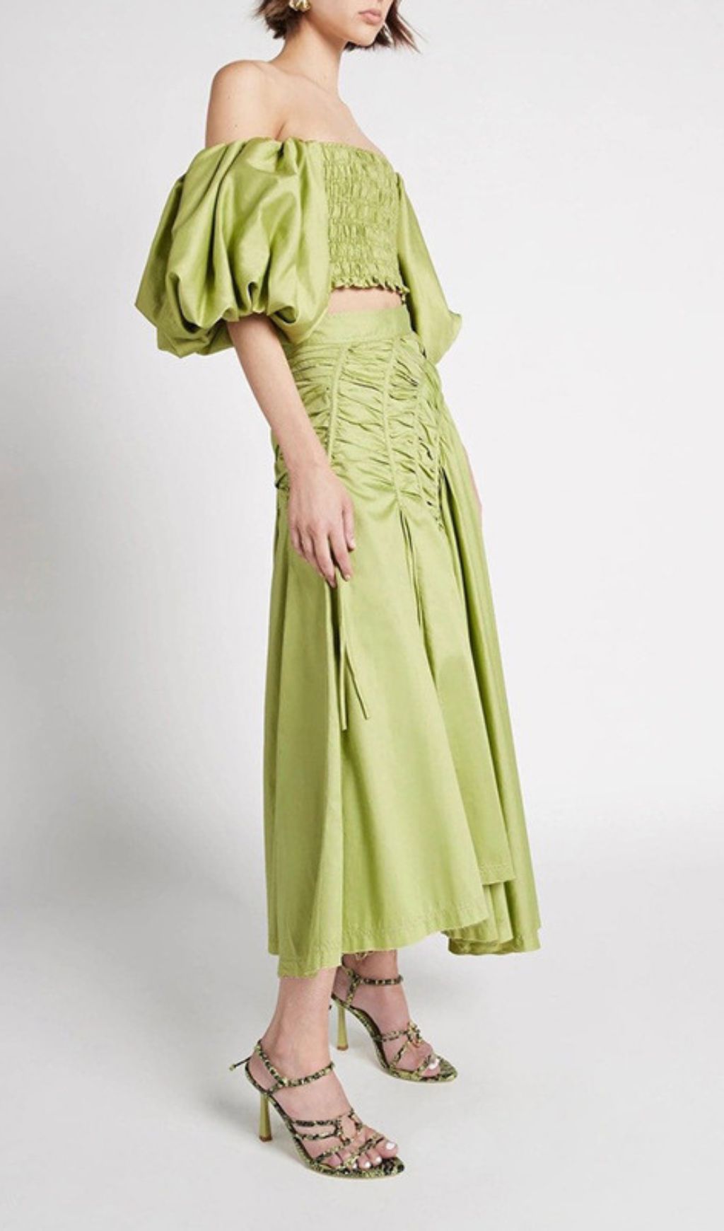 Vibrant Lime Green Puff Sleeve Crop Top & Ruched Maxi Skirt Set | Ivo Two-Piece