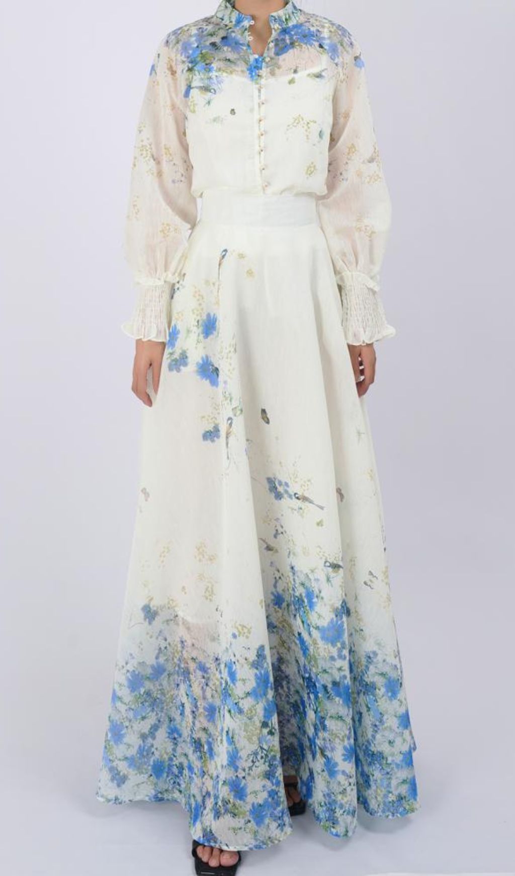 Grace Blue Floral Printed Long Sleeve Shirt & Skirt Set