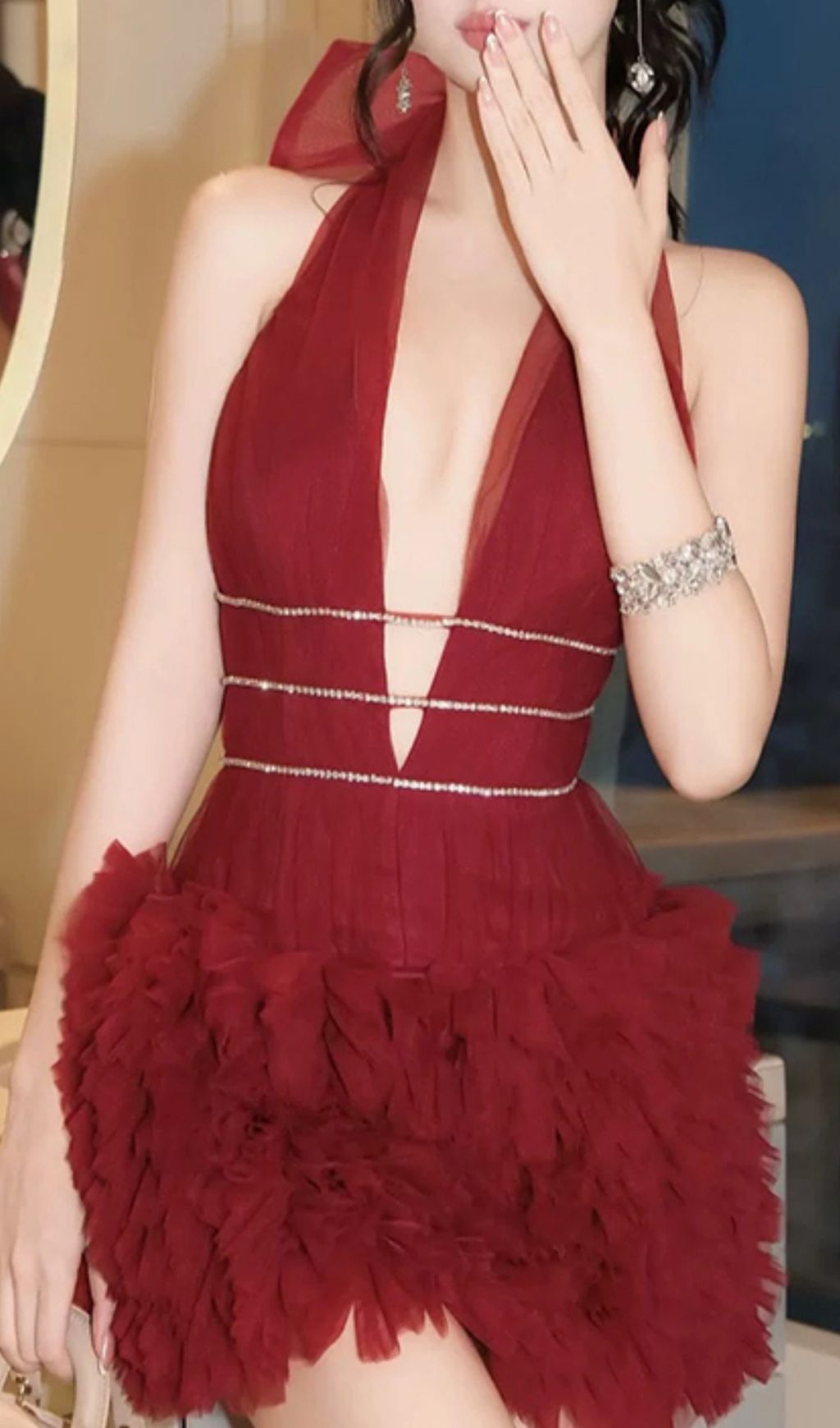 Jazlynn Dazzling Red Halter Mini Dress | Plunge Neck & Ruffled Skirt | Ultimate Party Glam