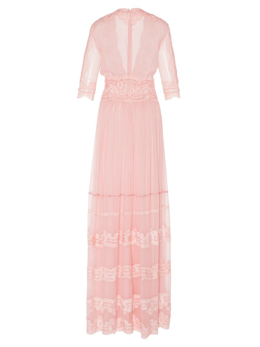Ethereal Blush Pink Chiffon Maxi Dress | Elegant Lace-Trim V-Neck Gown