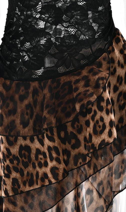 Raelira Glamorous One-Shoulder Lace & Leopard Print Maxi Dress