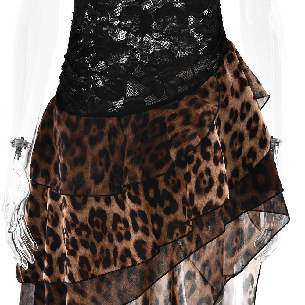 Raelira Glamorous One-Shoulder Lace & Leopard Print Maxi Dress