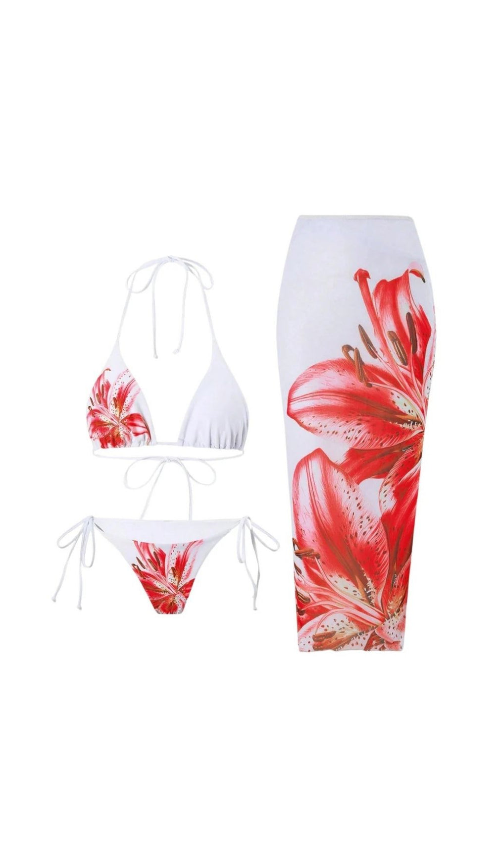 Grynn Red Floral 3-Piece Bikini Set with Maxi Sarong – Beach & Resort Chic