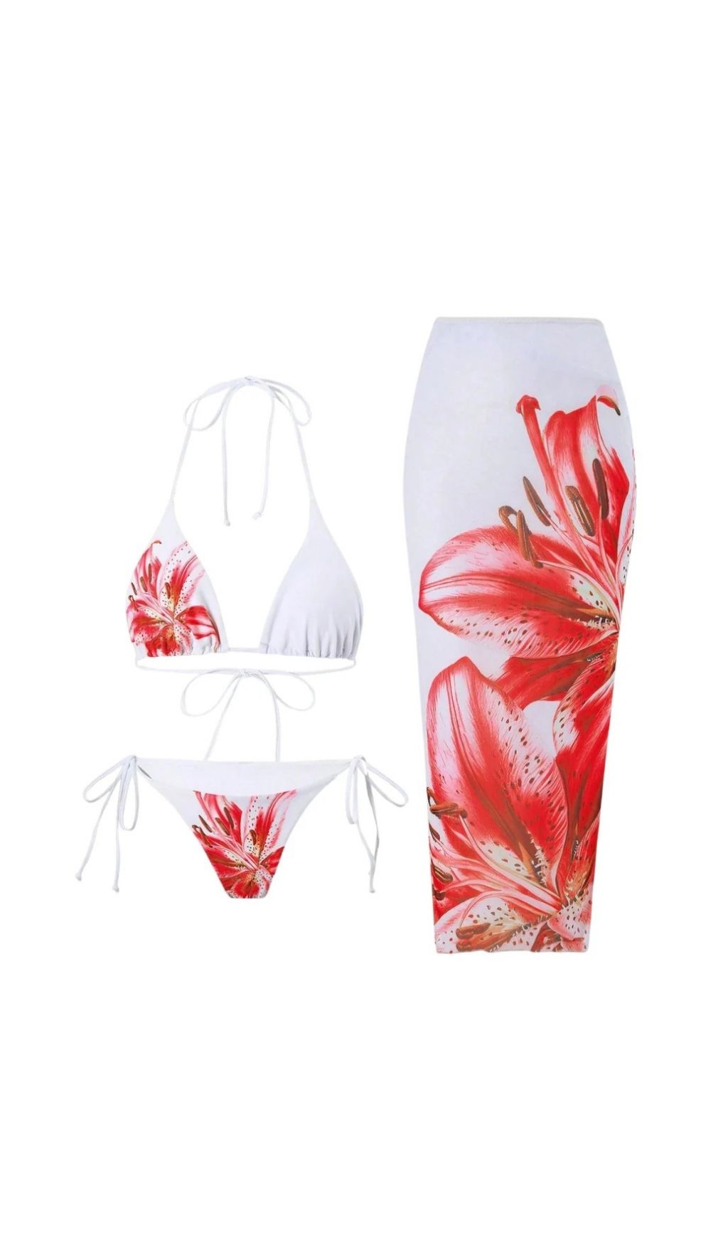 Grynn Red Floral 3-Piece Bikini Set with Maxi Sarong – Beach & Resort Chic