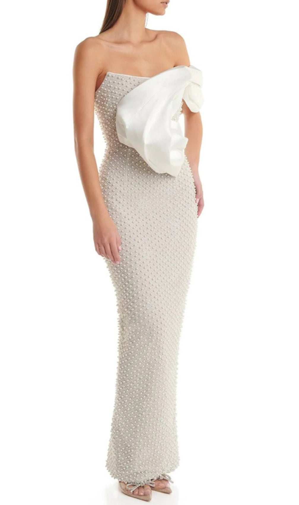 Adwen White Draped Bardot Pearl Maxi Dress