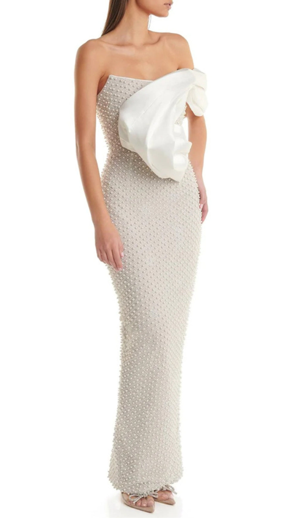 Adwen White Draped Bardot Pearl Maxi Dress