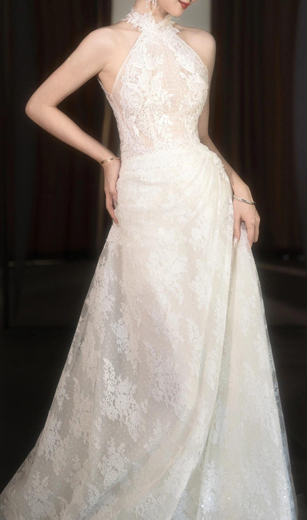 Dayanara White Halter Lace Wedding Dress