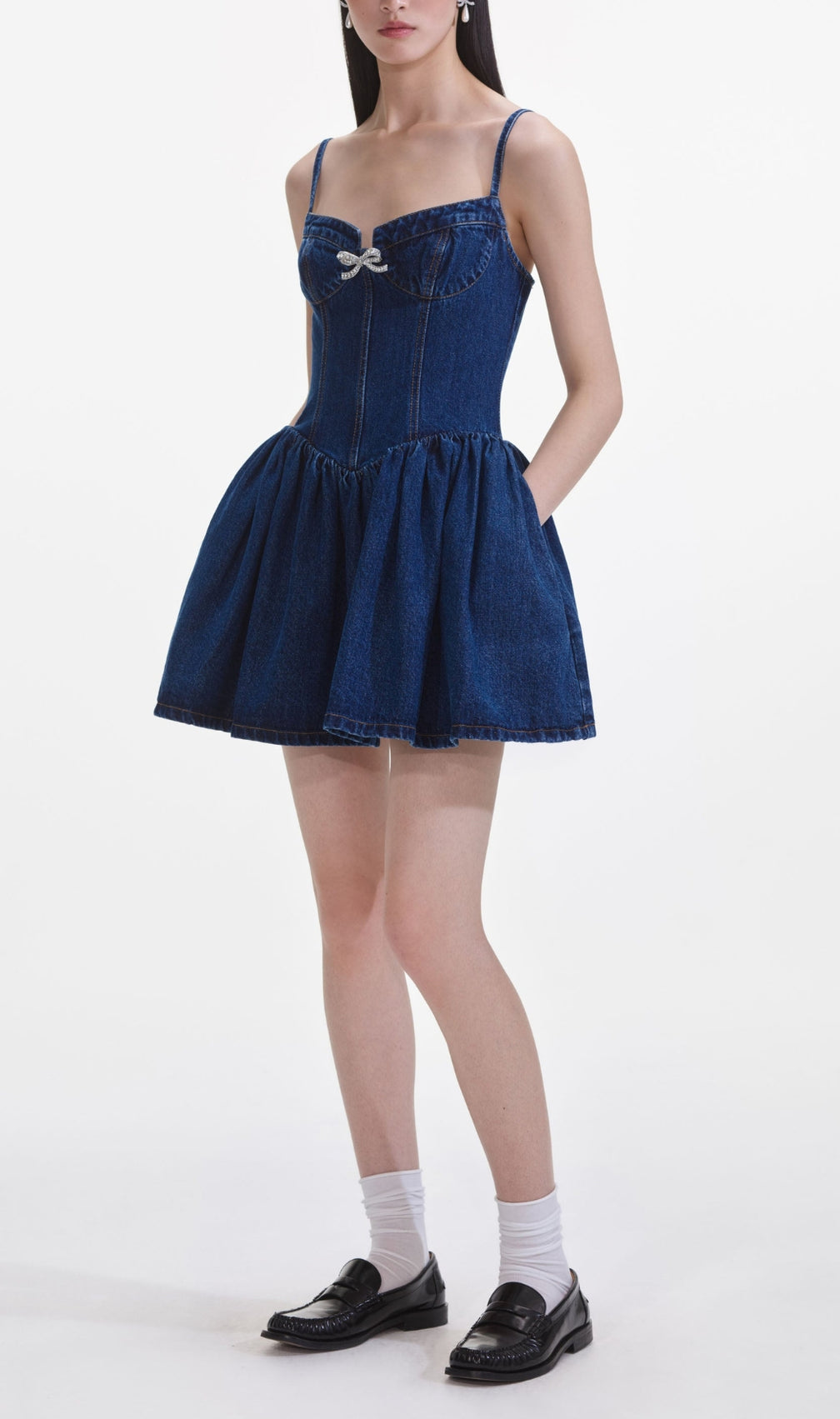 Denim Diamante Bow Sweetheart Mini Dress