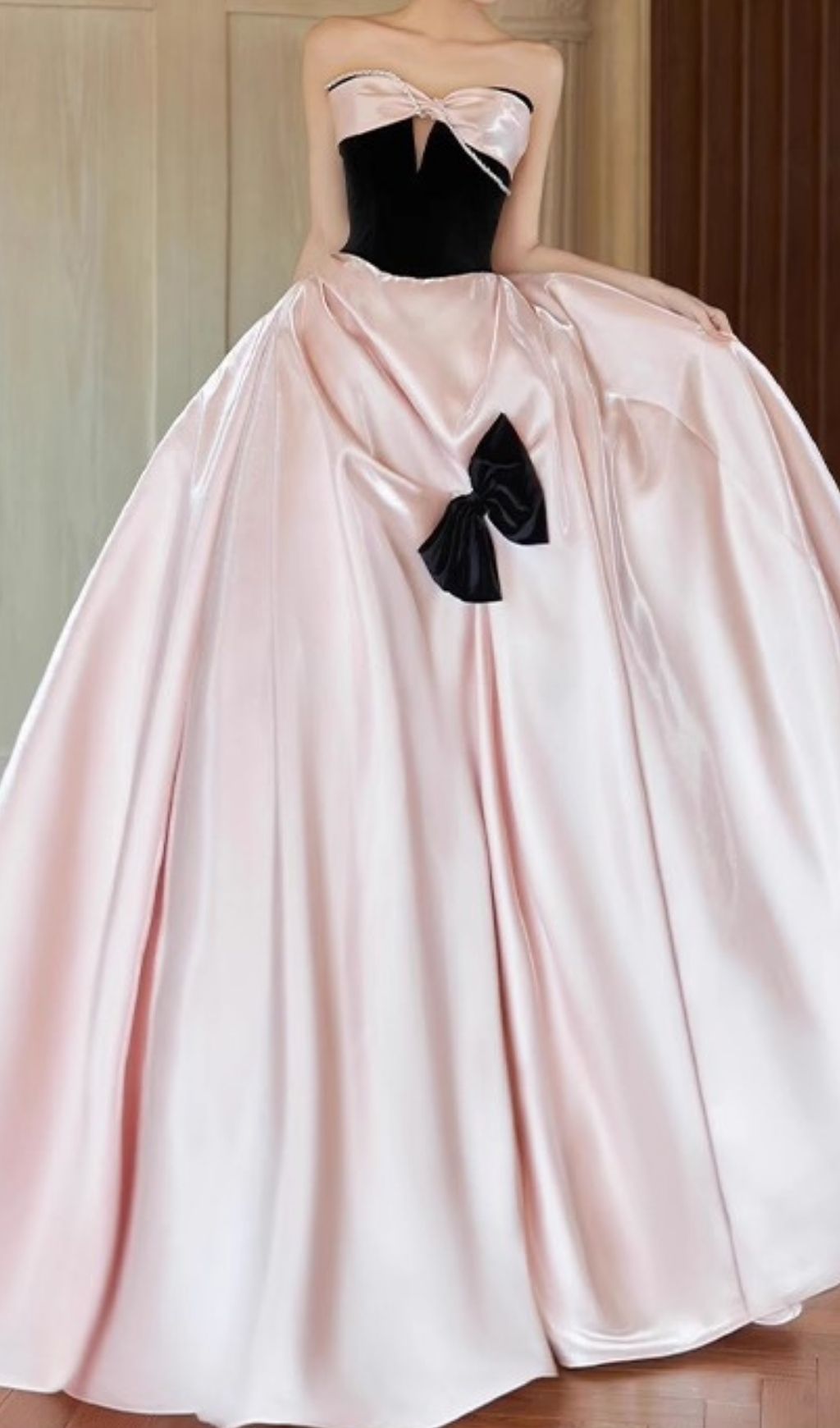 Karisse Blush Pink Strapless Velvet & Satin Gala Gown with Bow Accents