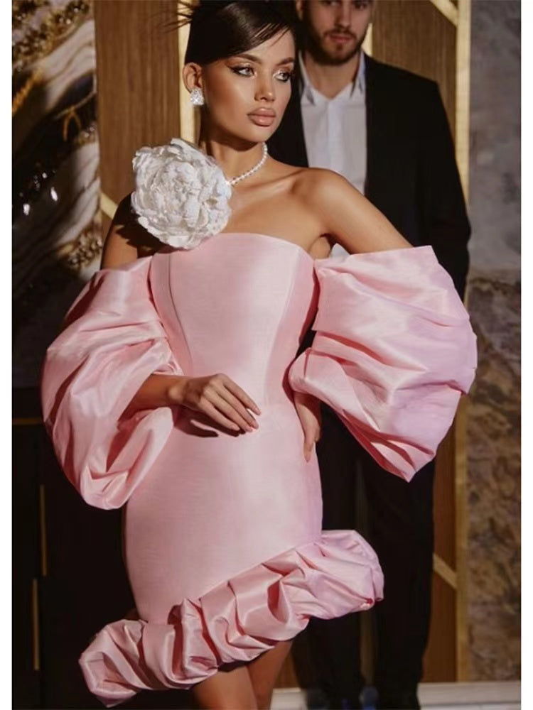 Puff Asymmetric Mini Dress In Pink