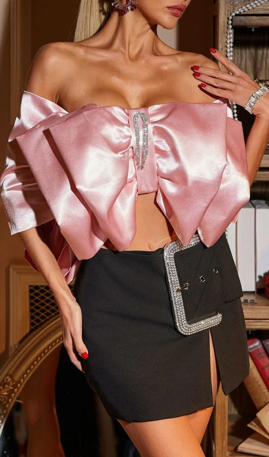 Rania Crystal Bow Satin Top