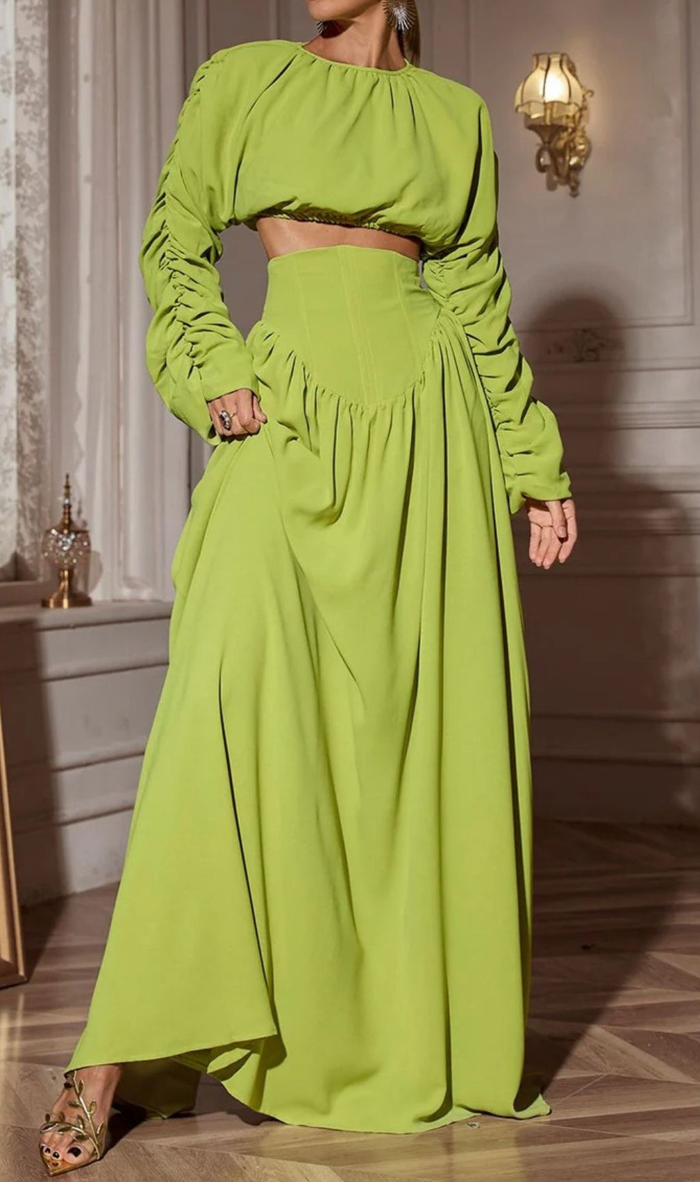 Cricket Green Long Sleeve Ruched Skirt Set