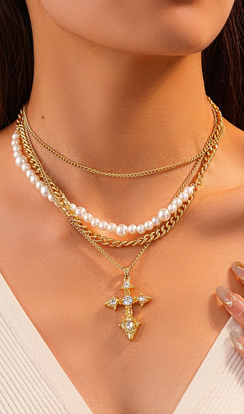 Jordyn Elegant Layered Pearl & Crystal Cross Necklace for Women