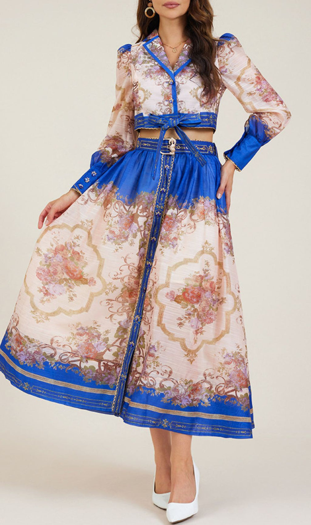 Gretchen Blue Flower Printed Long Sleeve Blouse & Skirt Set
