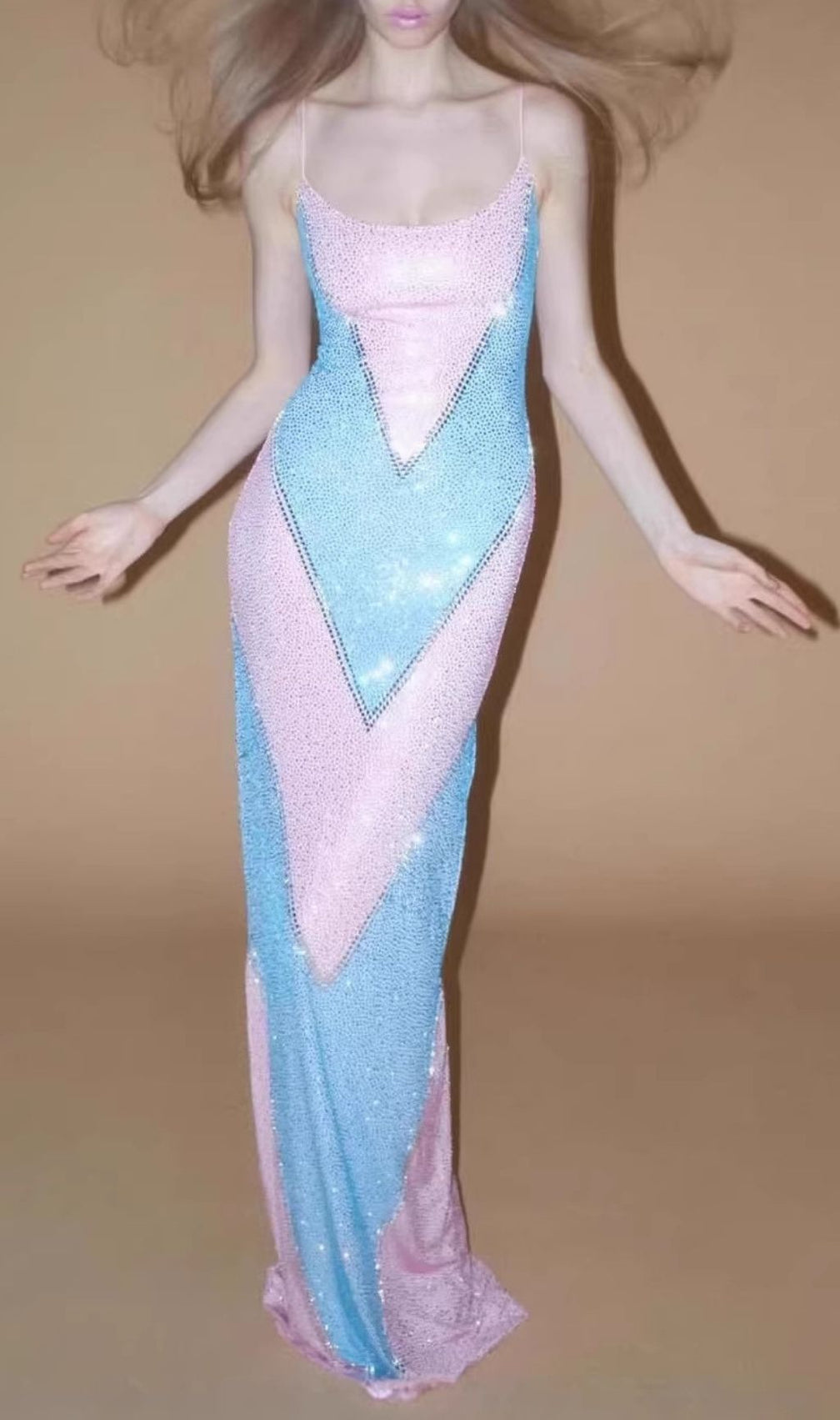 Karis Glamorous Pink & Blue Diamante Maxi Dress - Sparkle & Shine Evening Gown