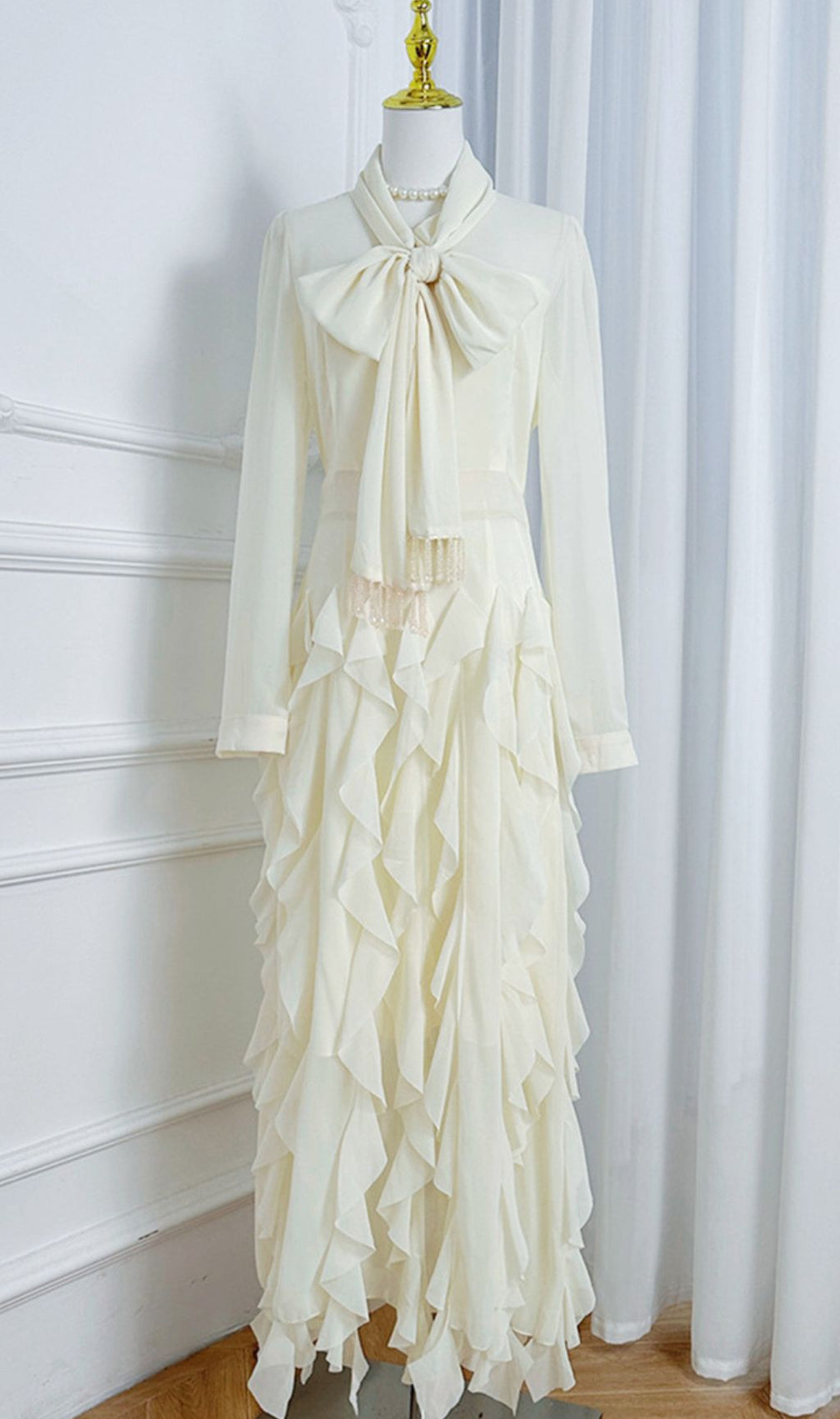 Isaak Ethereal Ruffle Maxi Gown - Elegant Chiffon Dress with Statement Bow Neck