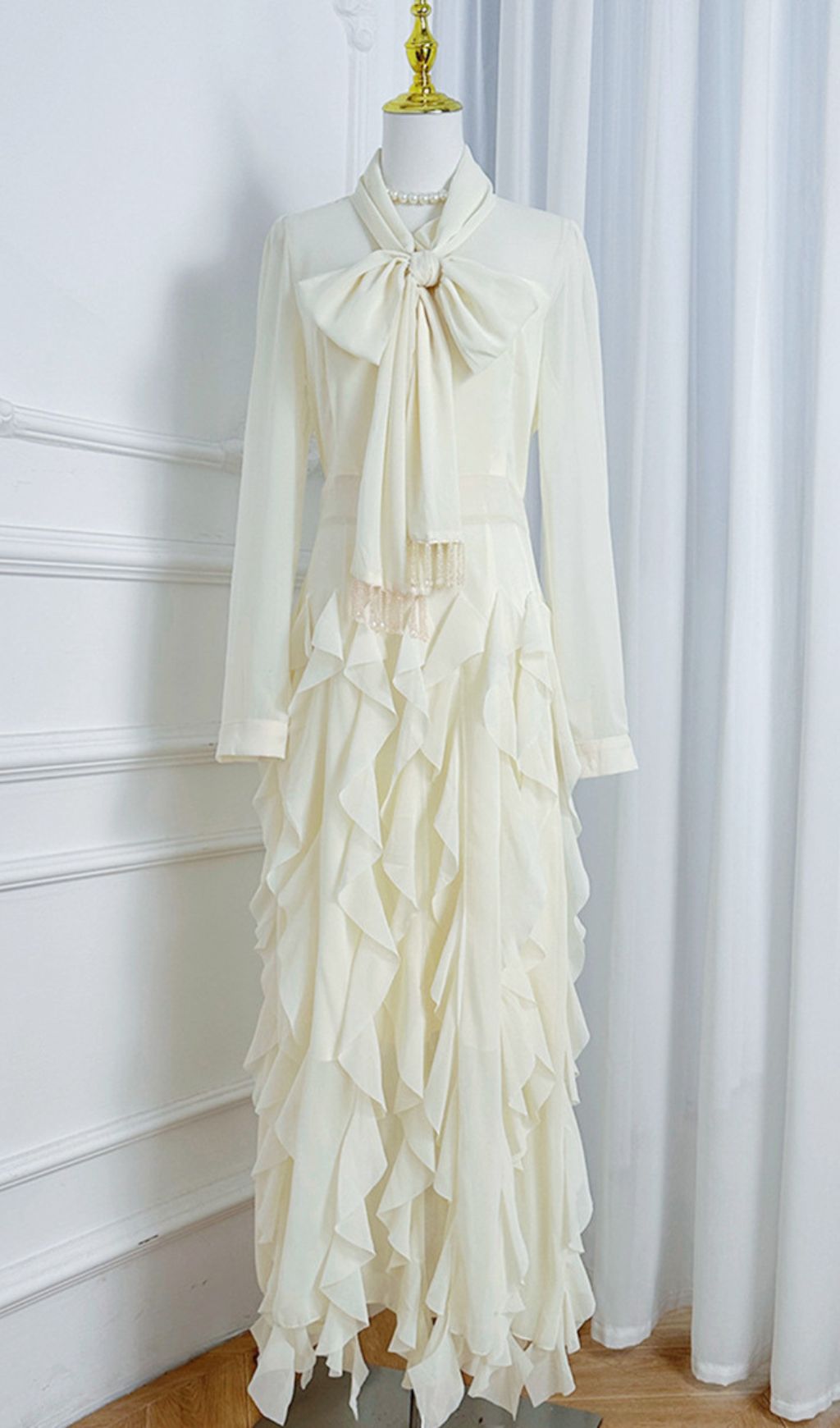 Isaak Ethereal Ruffle Maxi Gown - Elegant Chiffon Dress with Statement Bow Neck