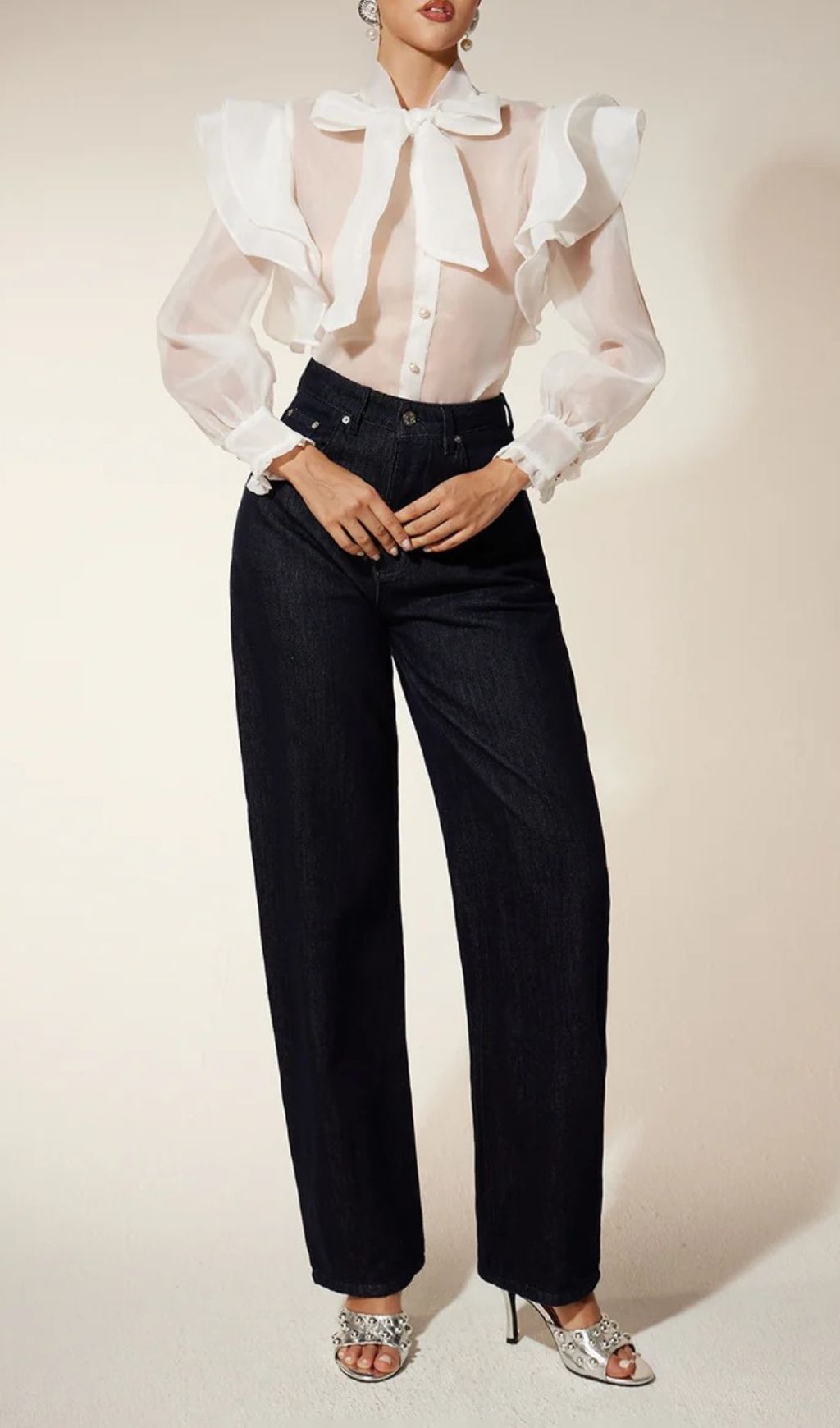 Chic Eiko Women's Sheer Organza Bow Ruffle Blouse