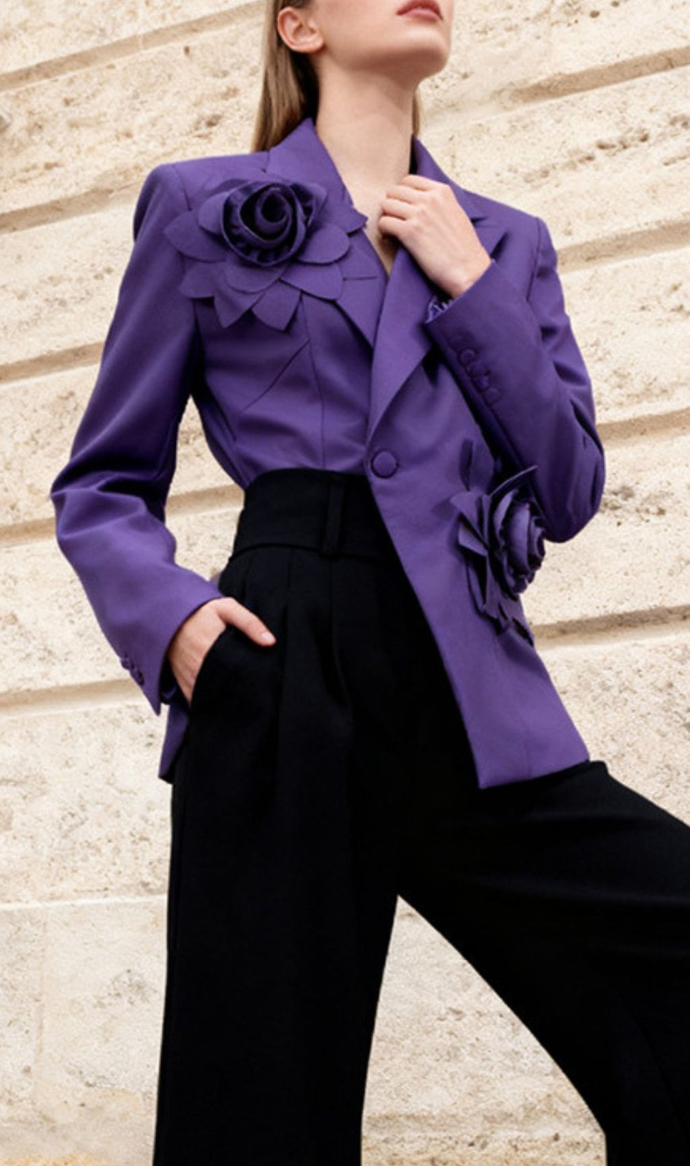 Idony Purple 3D Flower Blazer - Bold Floral Chic for Women