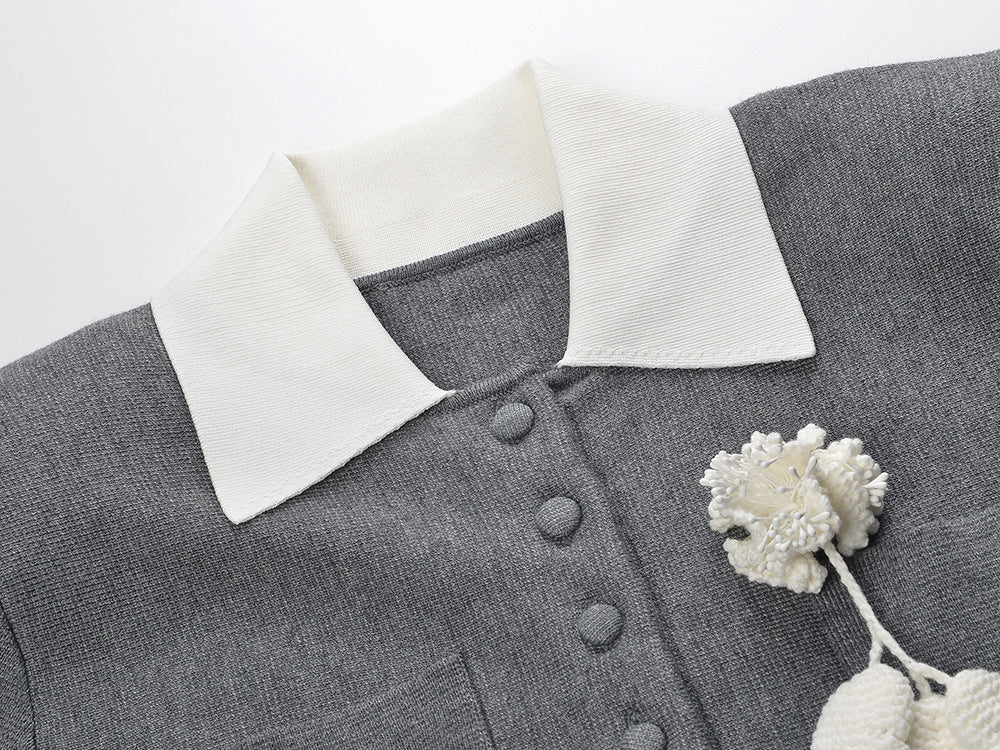 Hélio Chic Grey Knit Sweater Mini Dress with Peter Pan Collar