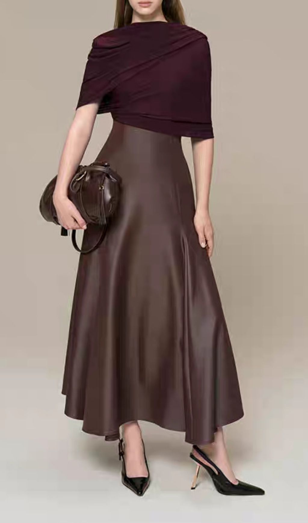 Kiona Coffee Leather Patchwork Maxi Dress
