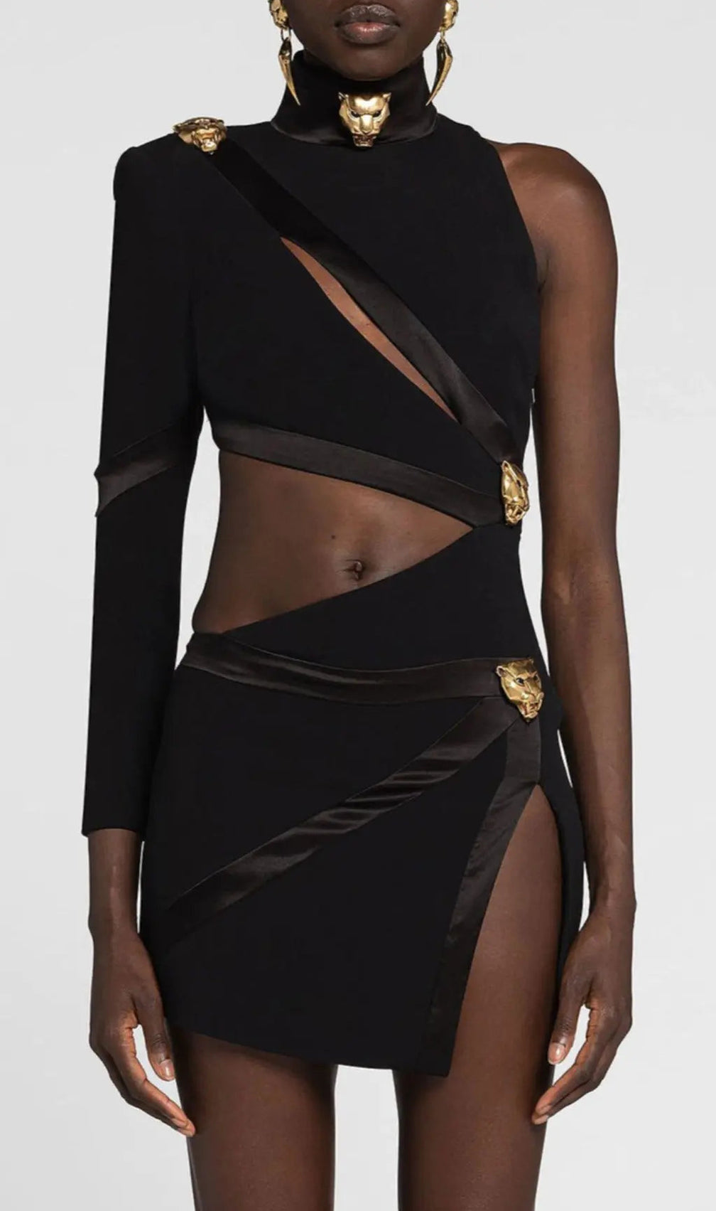 Panther Head Cut Out Asymmetric Mini Bandage Dress