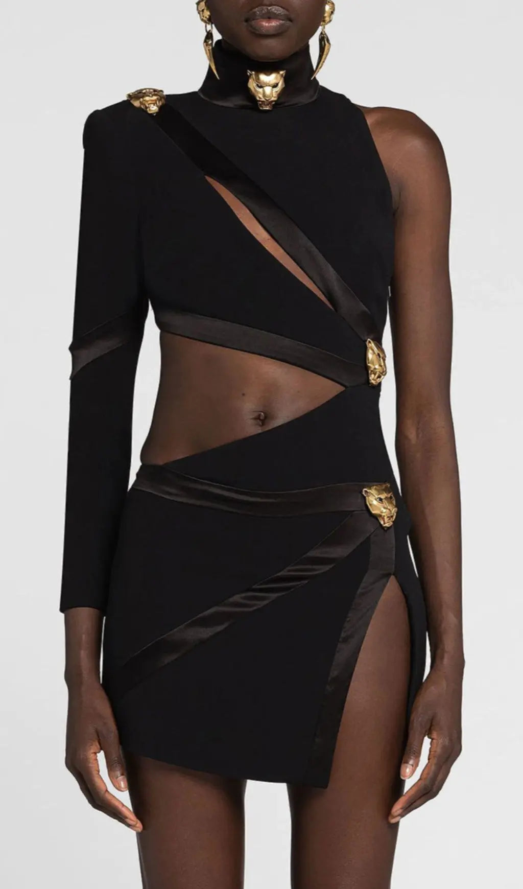 Panther Head Cut Out Asymmetric Mini Bandage Dress