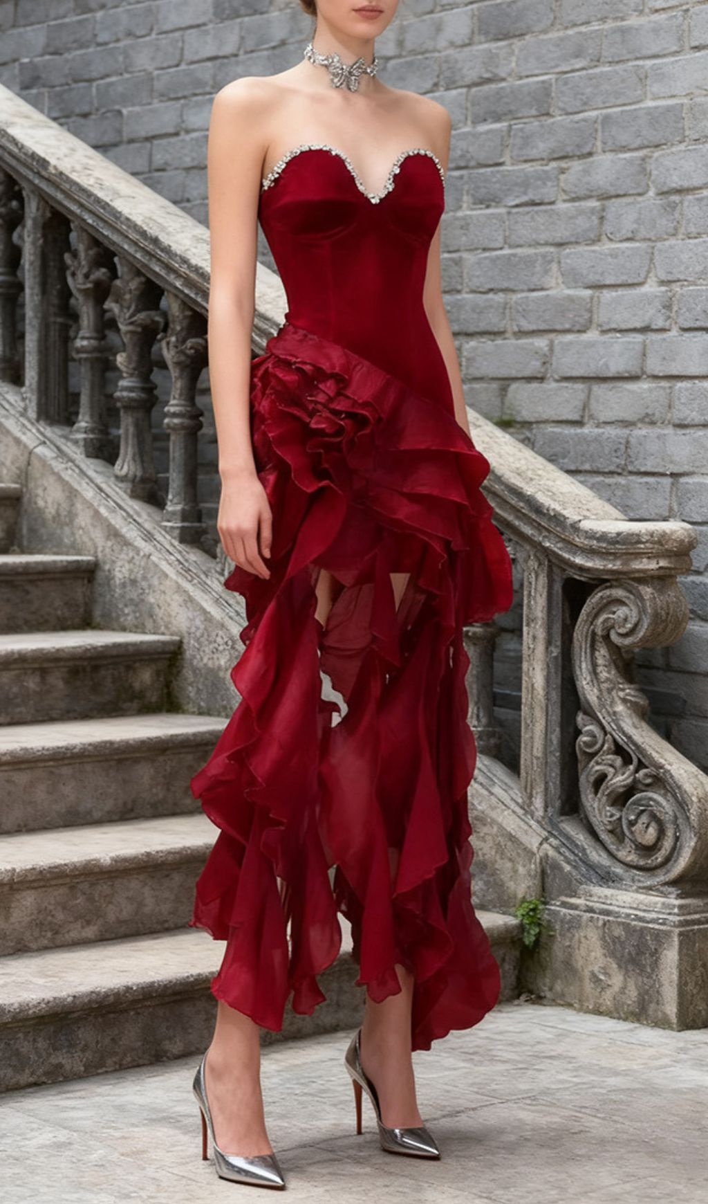 Hova Ruby Red Strapless Ruffle Maxi Gown - Dazzling Velvet & Chiffon