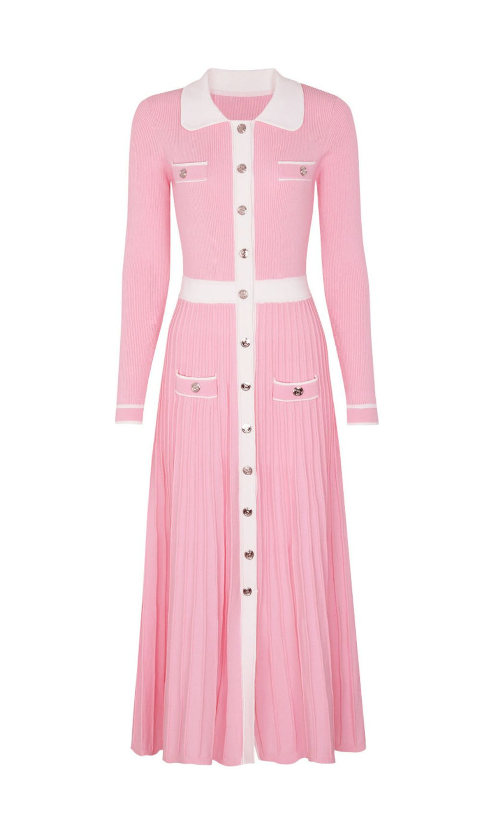 Judy Chic Button-Front Contrast Trim Knit Midi Dress