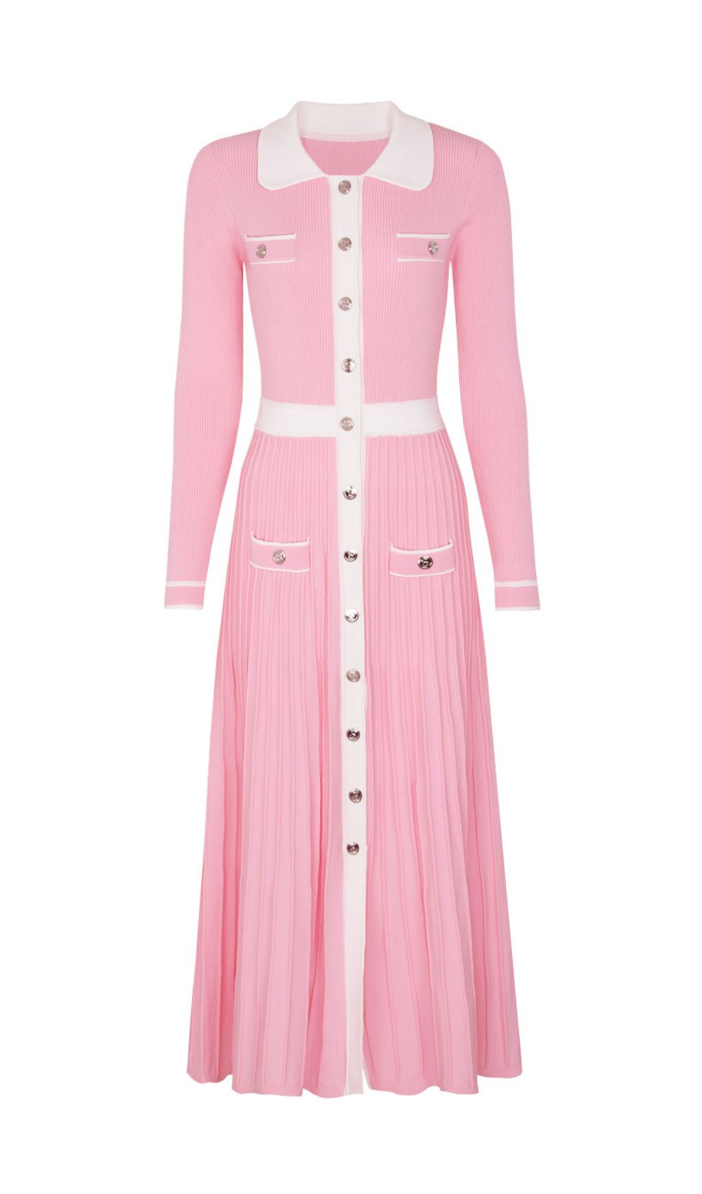 Judy Chic Button-Front Contrast Trim Knit Midi Dress