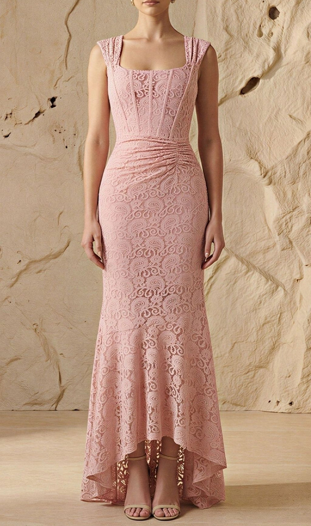 Vivien Lace Gathering Maxi Dress - Pink