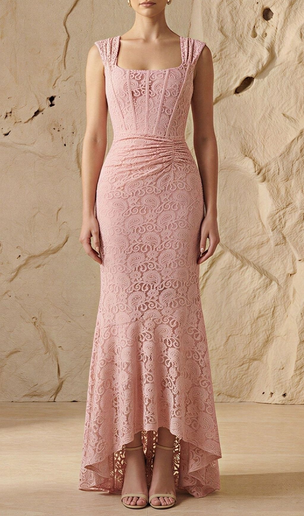 Vivien Lace Gathering Maxi Dress - Pink