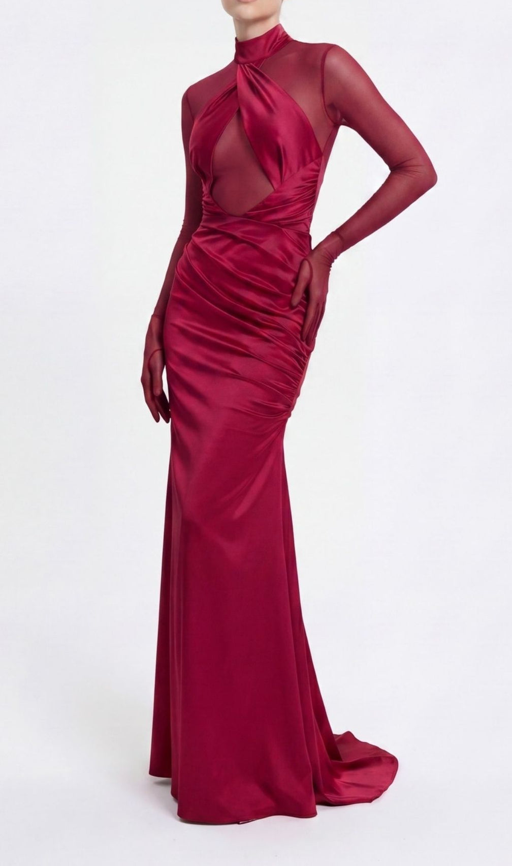 Khadiga Red Satin Long Sleeve Gown | Twist Front Cutout Evening Dress