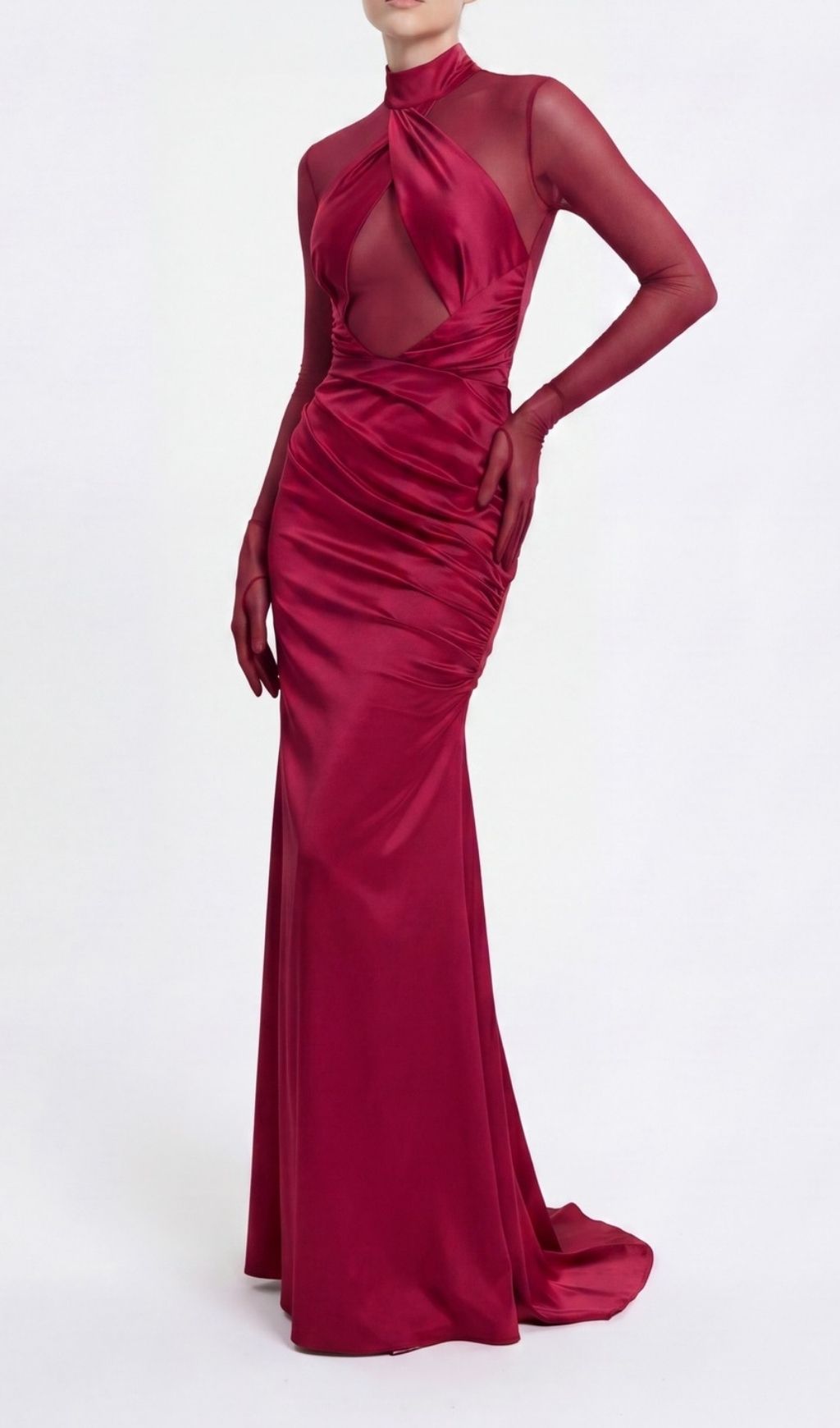 Khadiga Red Satin Long Sleeve Gown | Twist Front Cutout Evening Dress