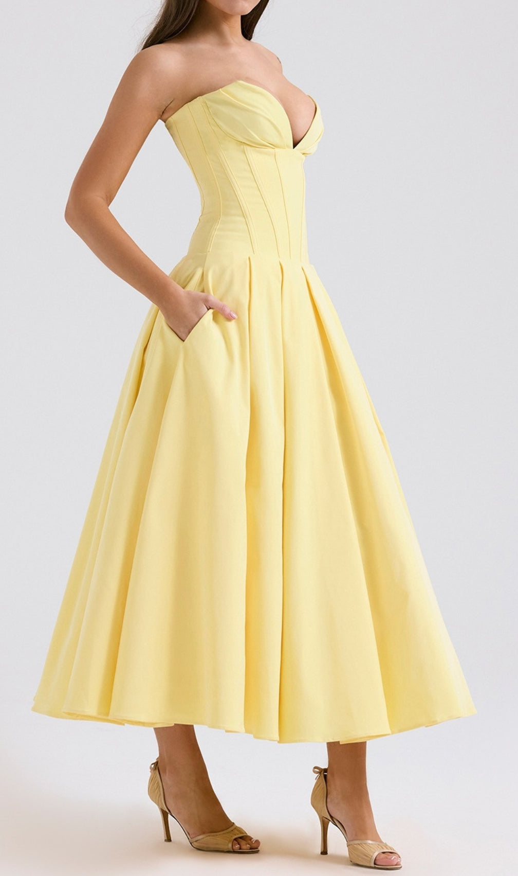 Devani Yellow Strapless Corset Midi Dress