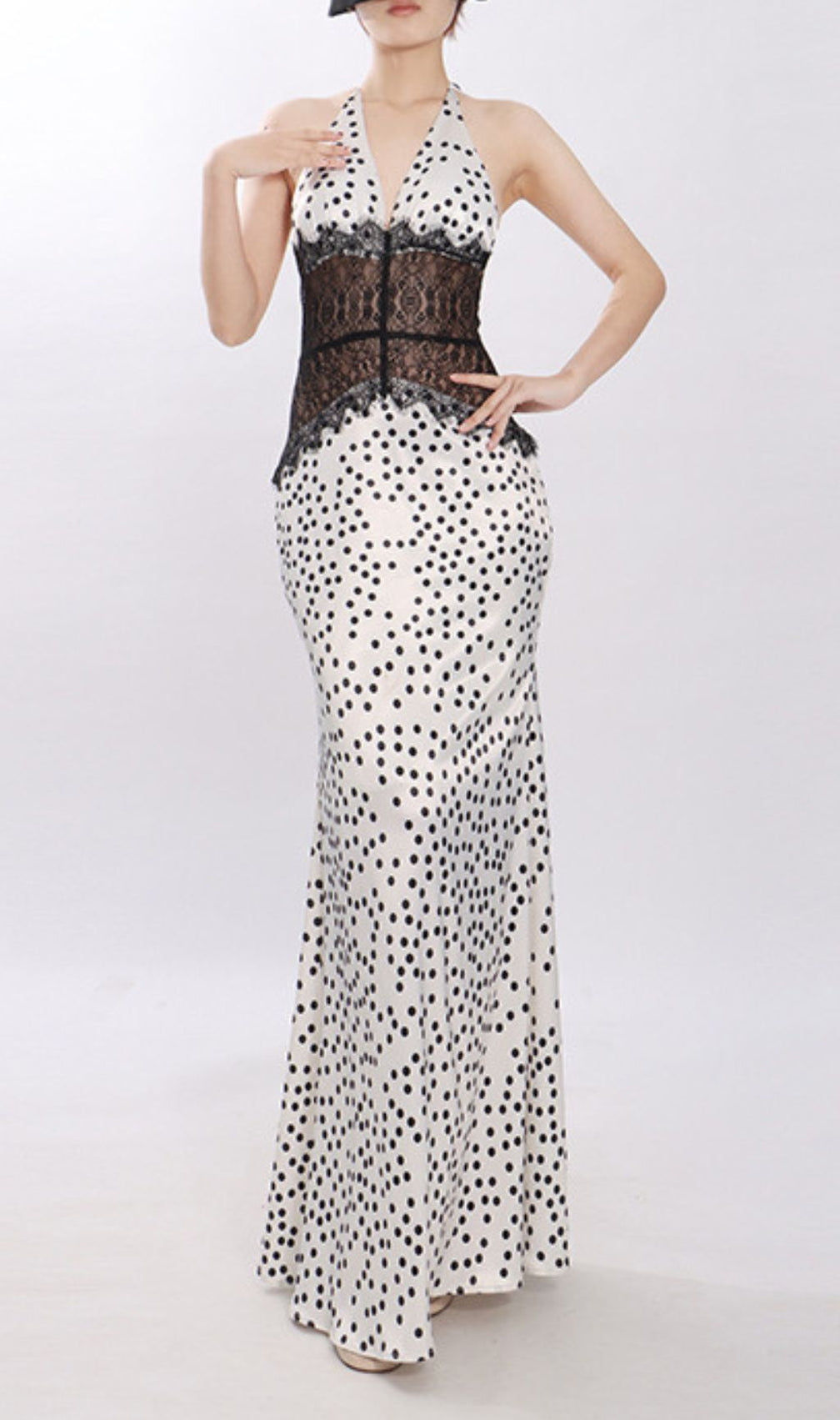 Jezziel Chic Polka Dot & Lace Halter Maxi Dress - Elegant Women's Gown