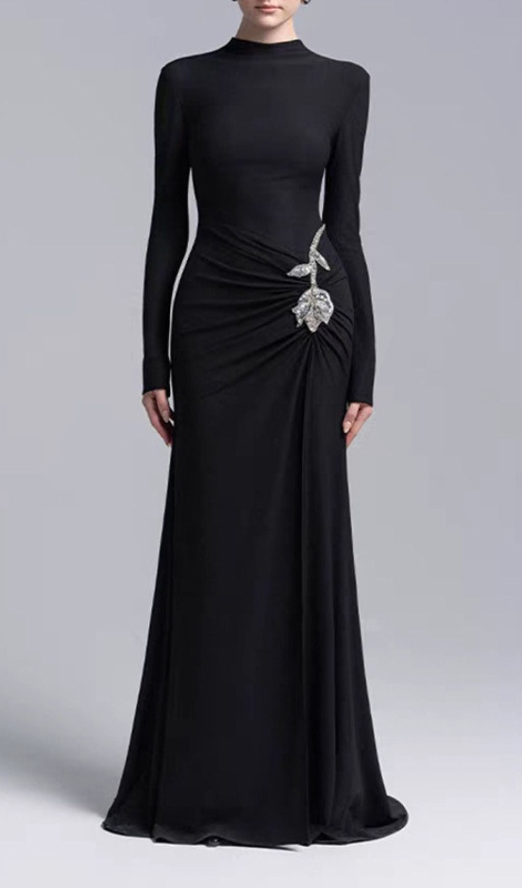 Elegant Merlot Ruched Long Sleeve Maxi Dress with Crystal Flower Embellishment