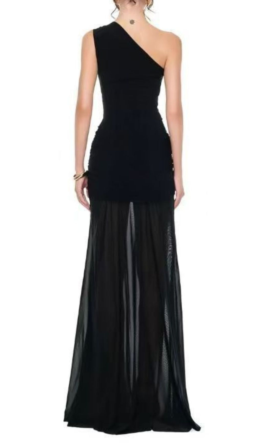 Icelynn Glamorous Black One-Shoulder Mesh Maxi Dress with Daring Cut-Out