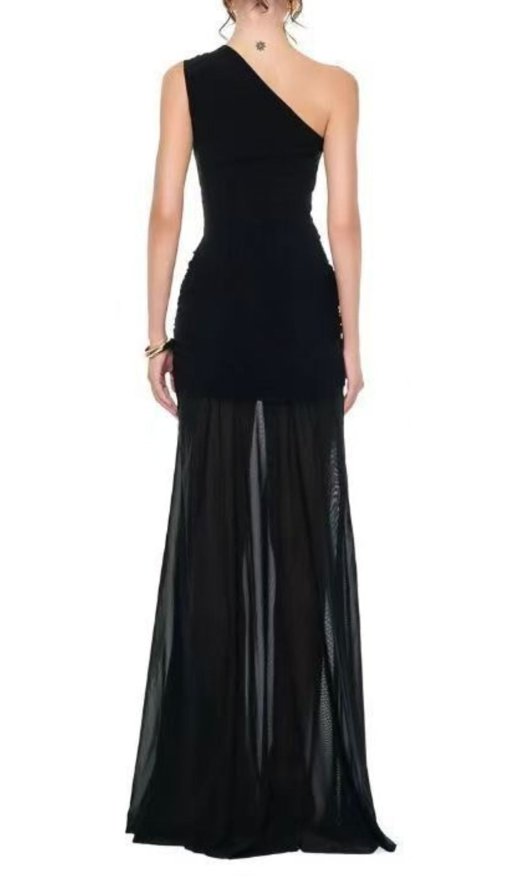 Icelynn Glamorous Black One-Shoulder Mesh Maxi Dress with Daring Cut-Out