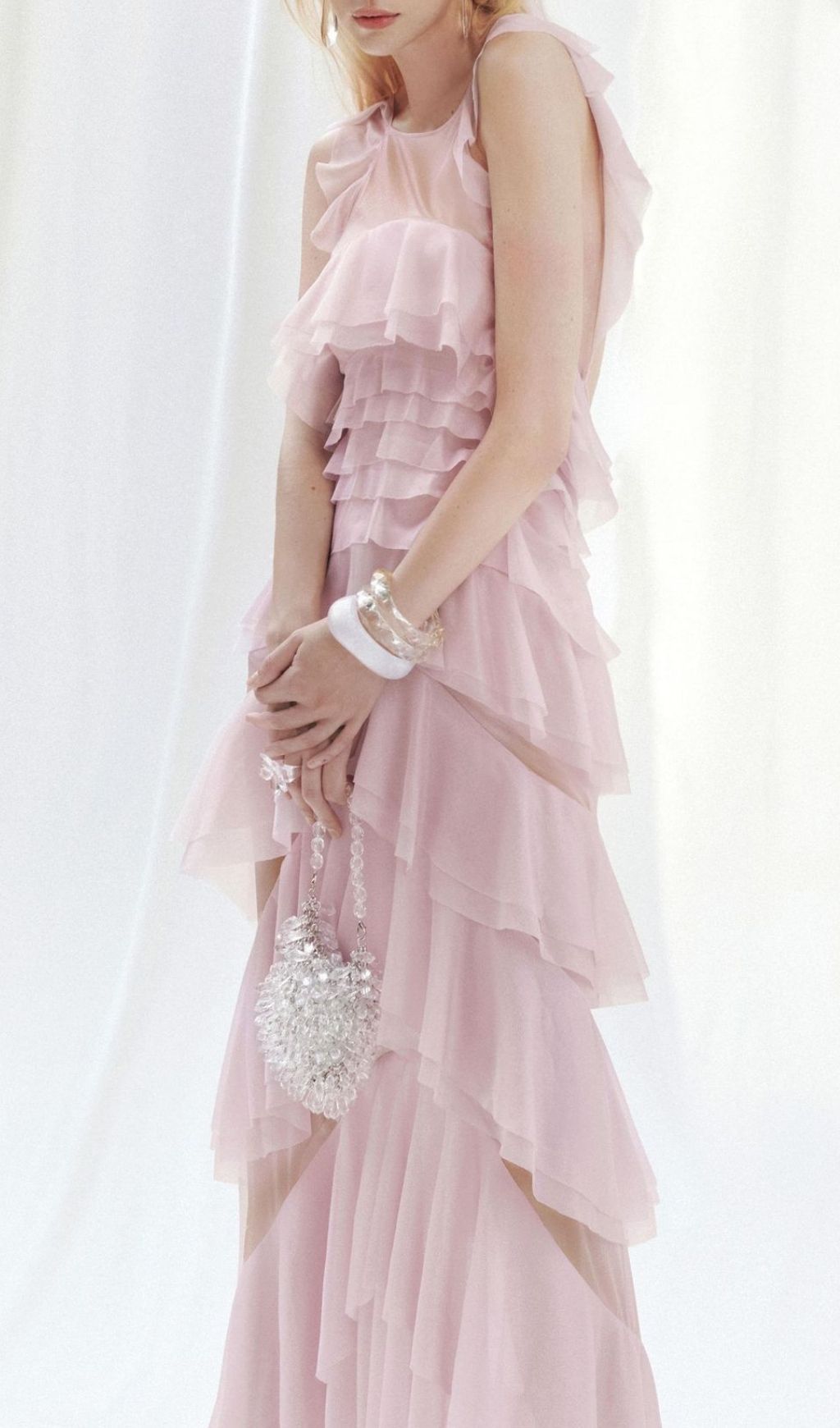 Knute Pink Ruffle Layered Backless Maxi Dress