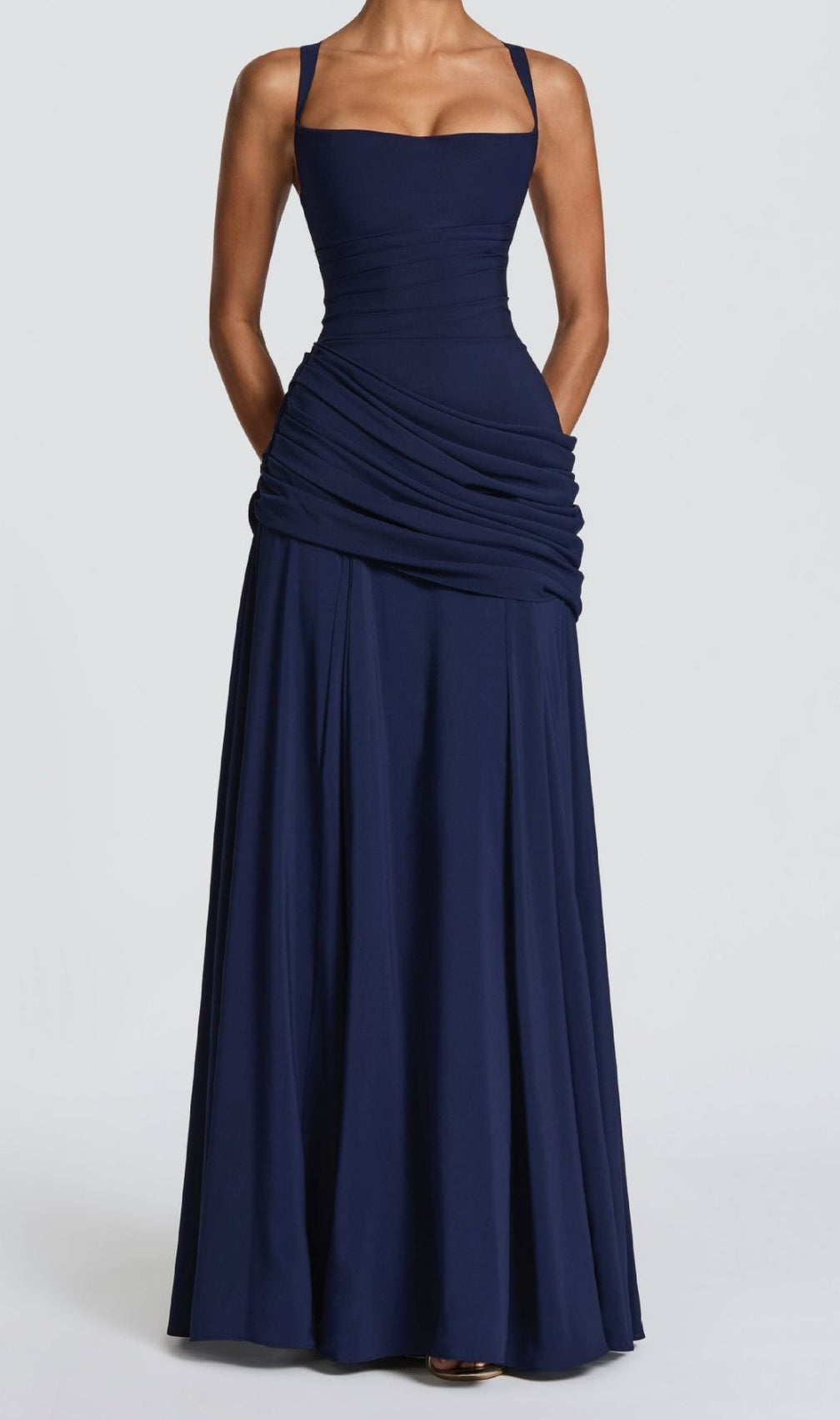 Kellie Navy Strappy Ruched Maxi Gown - Elegant & Figure-Flattering Evening Dress