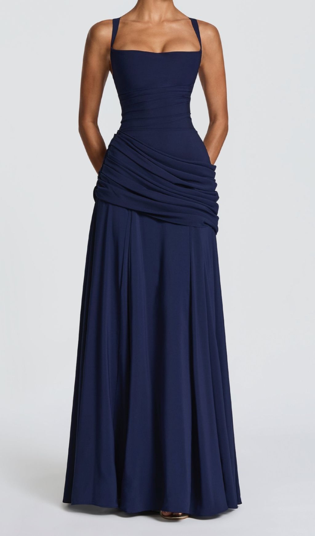 Kellie Navy Strappy Ruched Maxi Gown - Elegant & Figure-Flattering Evening Dress