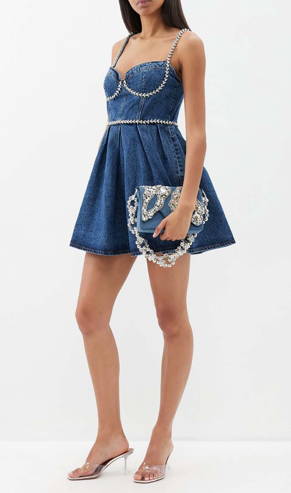 Crystal-Embellished Denim Mini Dress In Blue