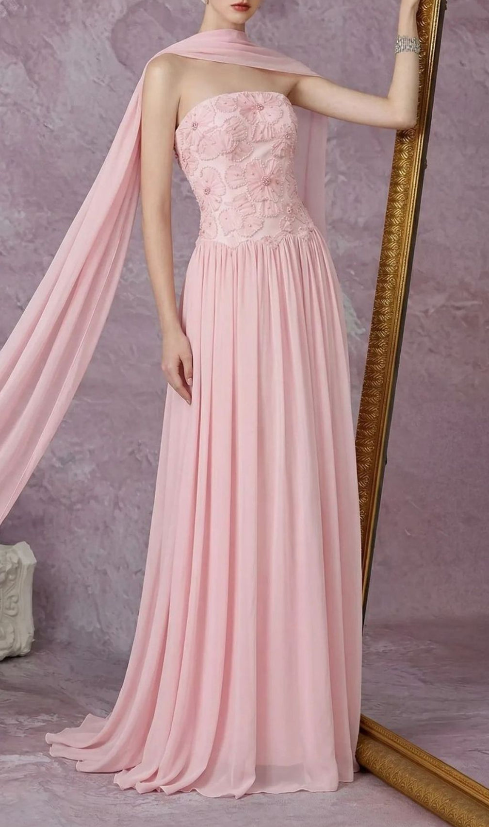 Kenley Blush Pink Strapless Floral Maxi Gown - Elegant Evening Dress for Women