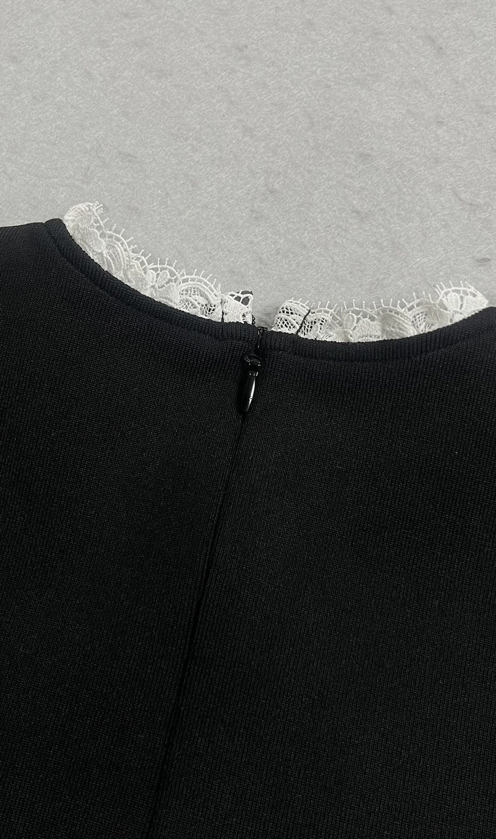 Karolyn Elegant Black Knit Midi Dress | White Lace Trim & Crystal Accents