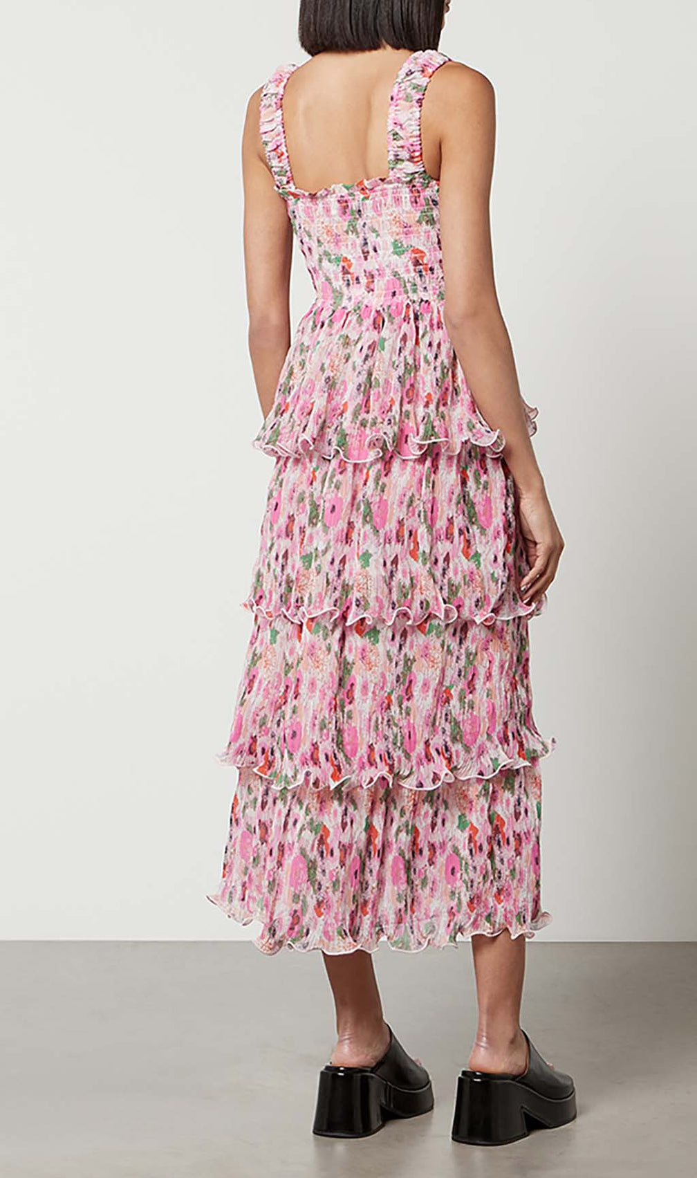 Floral-Appliqué Tiered Midi Dress In Pink