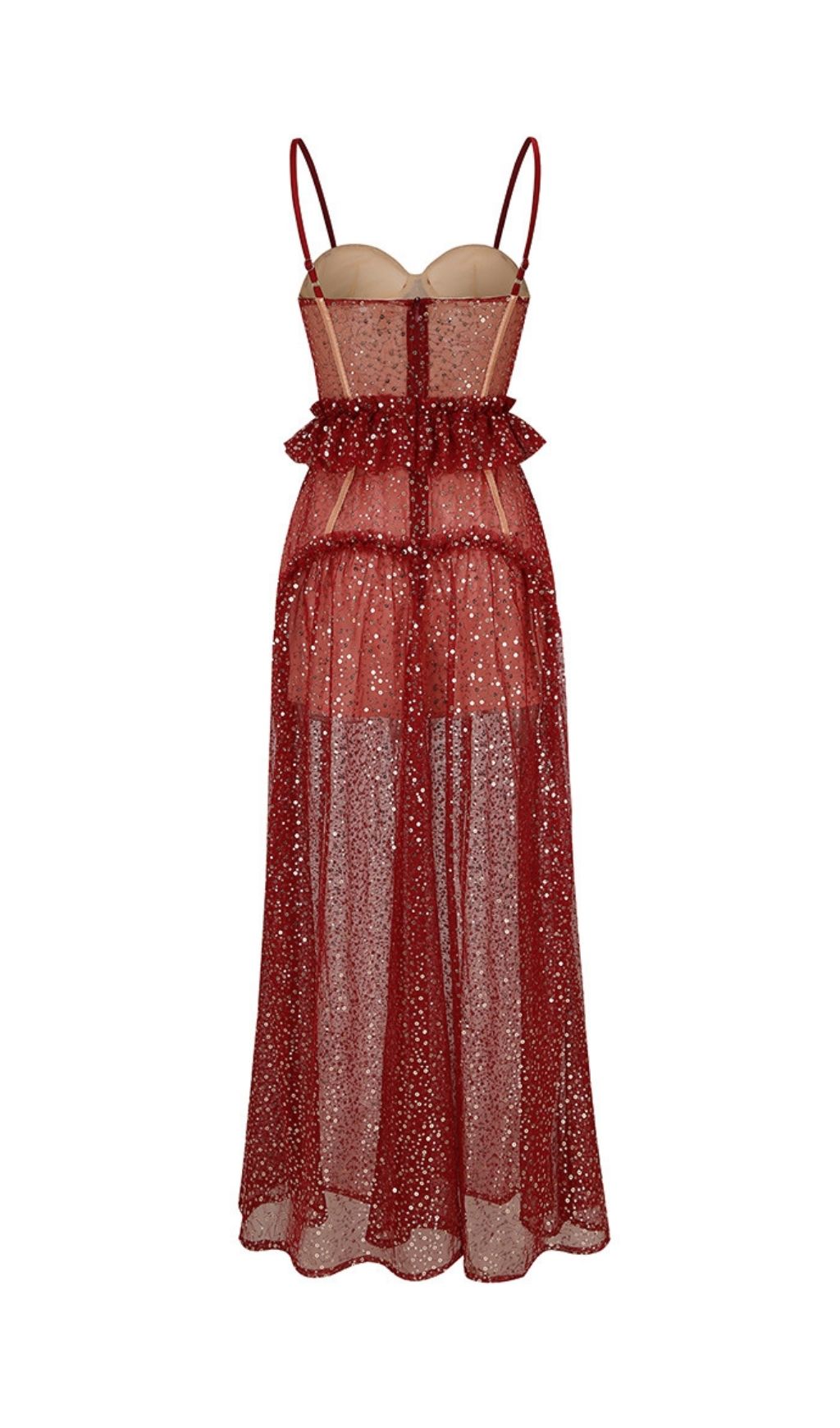 Korene Red Strappy Sequin Mesh Maxi Dress