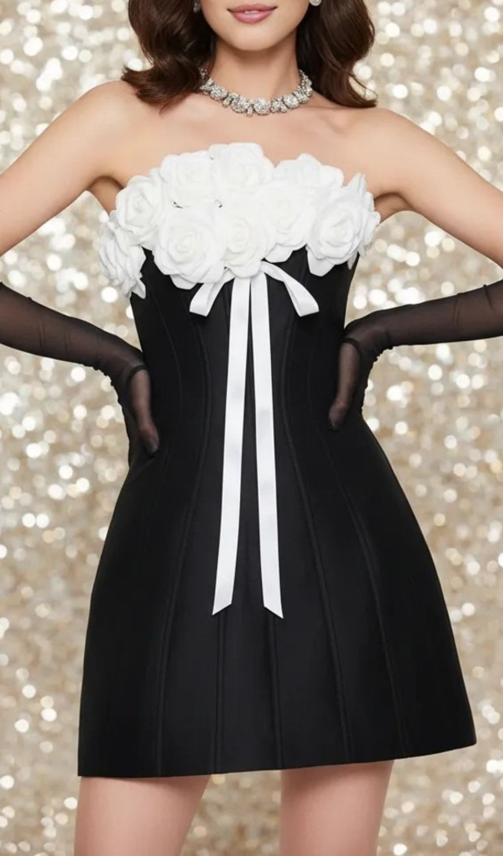 Ivanka Glam Black & White Floral Strapless Corset Mini Dress