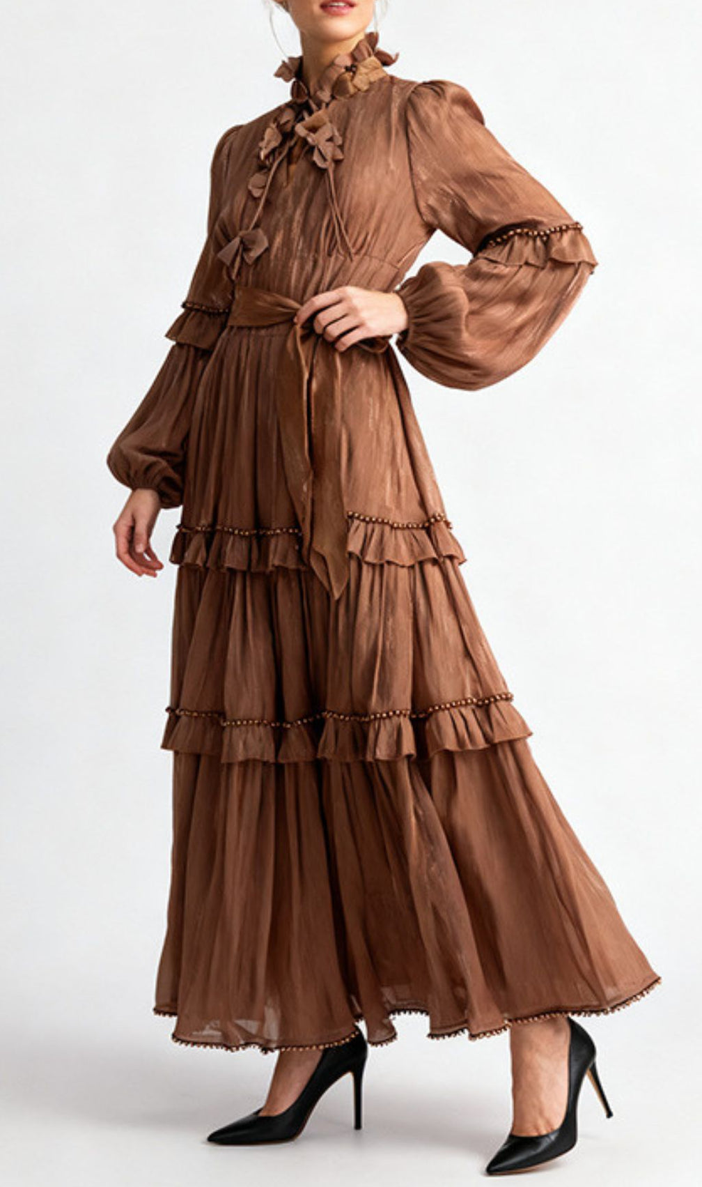 Ilissa Elegant Ruffle Midi Dress for Women - Chic Long Sleeve Tiered Design in Burgundy