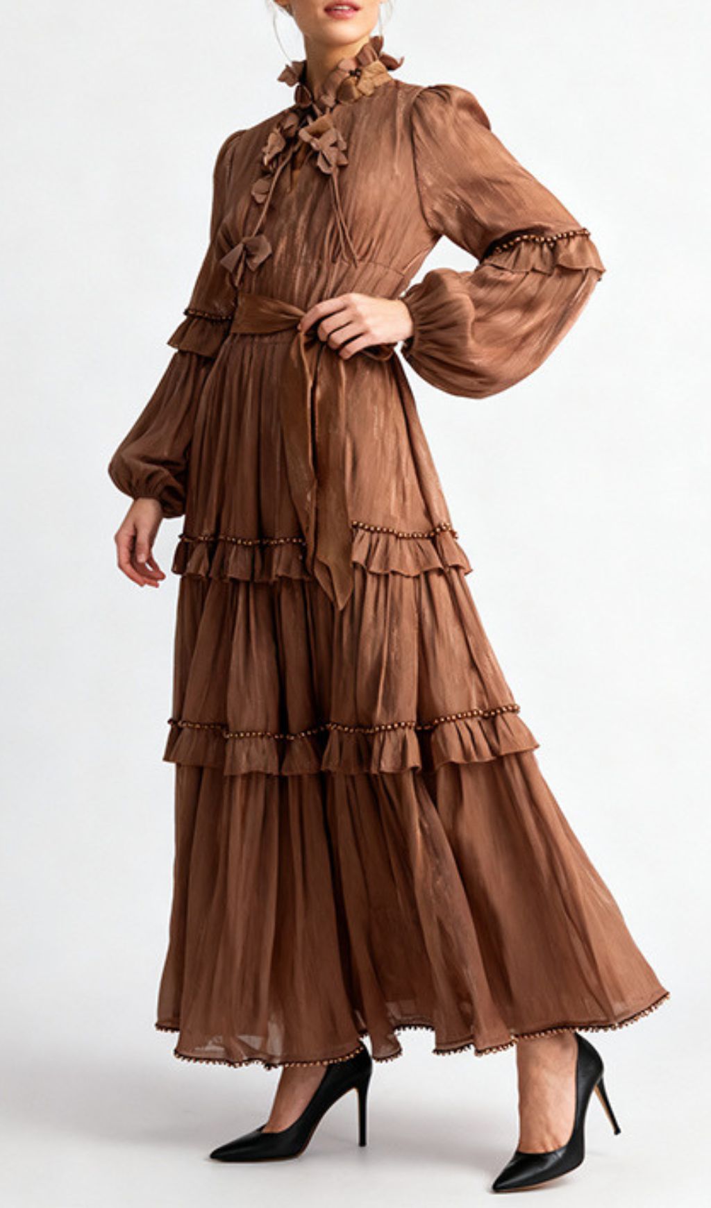 Ilissa Elegant Ruffle Midi Dress for Women - Chic Long Sleeve Tiered Design in Burgundy